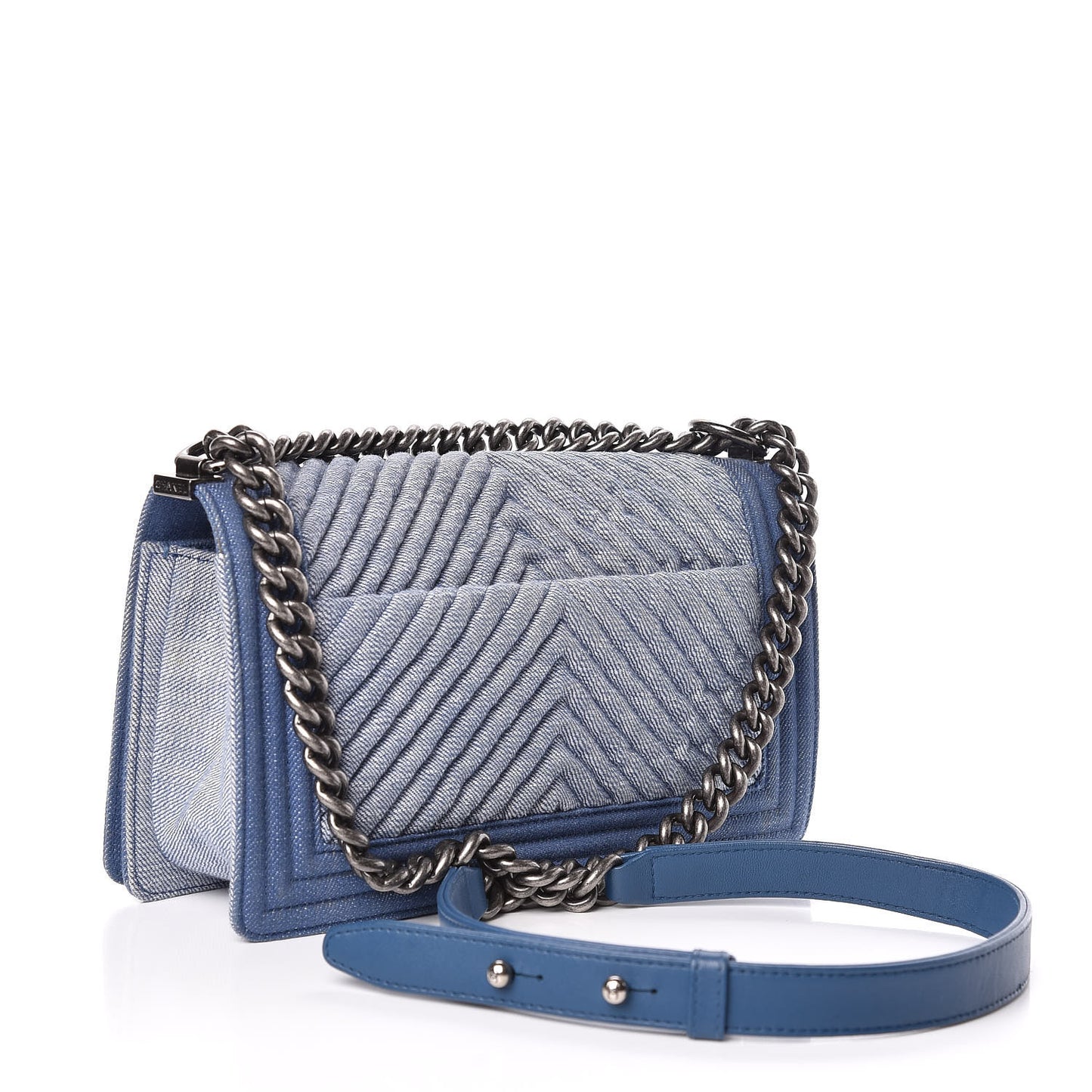 Denim Chevron Quilted Medium Boy Flap Blue