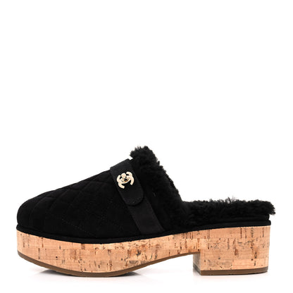 Chanel Suede Calfskin Shearling Turn Lock Clogs 38 Black 1 of 8