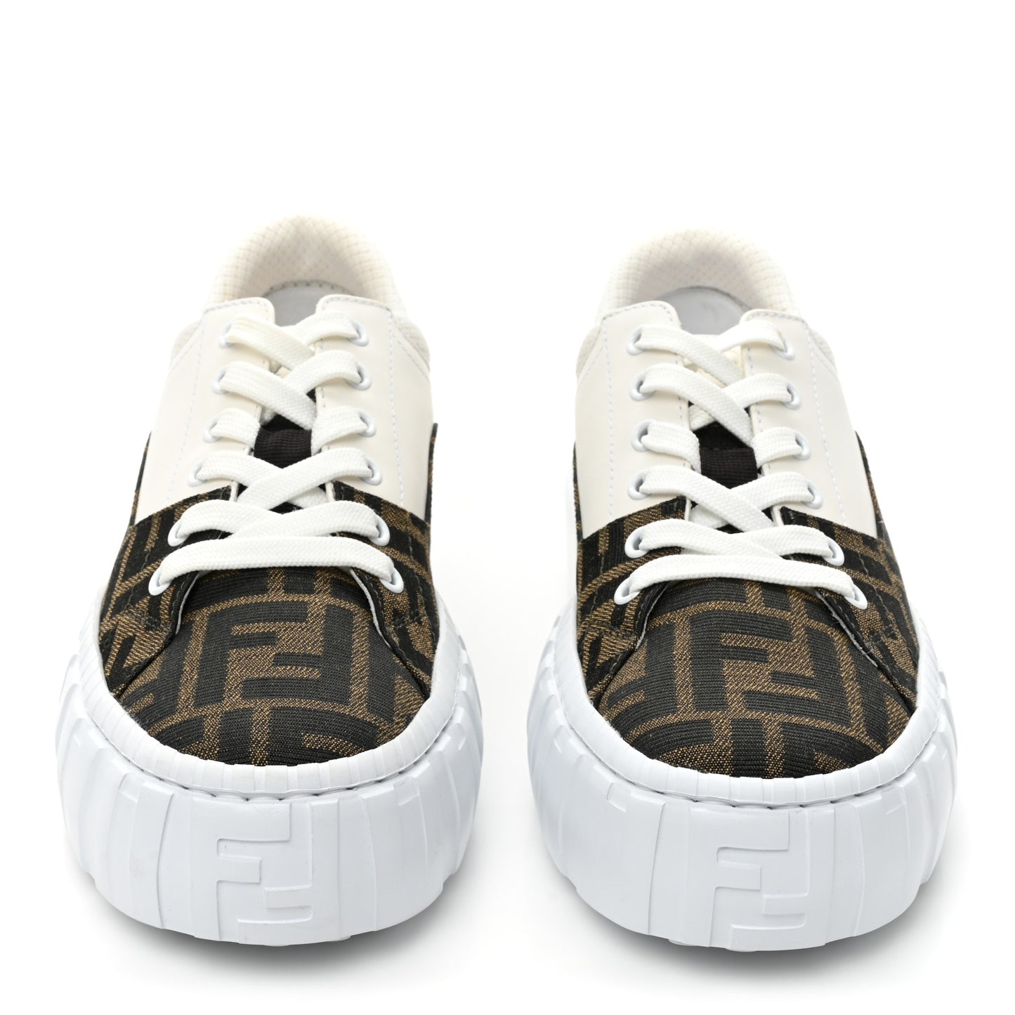 Fabric Jacquard Vitello Technical Fabric FF Womens Fendi Force Low Top Sneakers 38 Tobacco Black Ultrawhite White