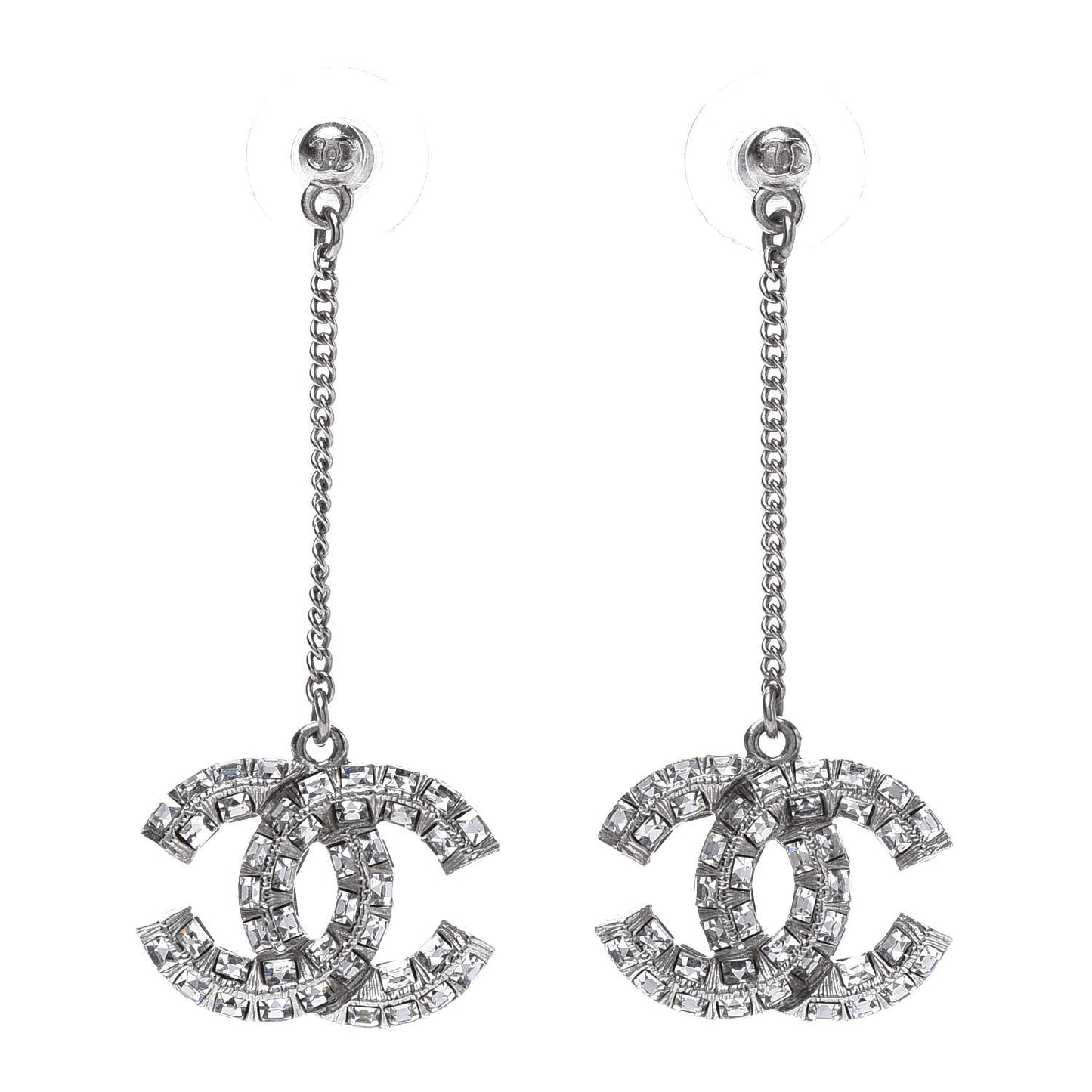 Baguette Crystal CC Drop Earrings Silver
