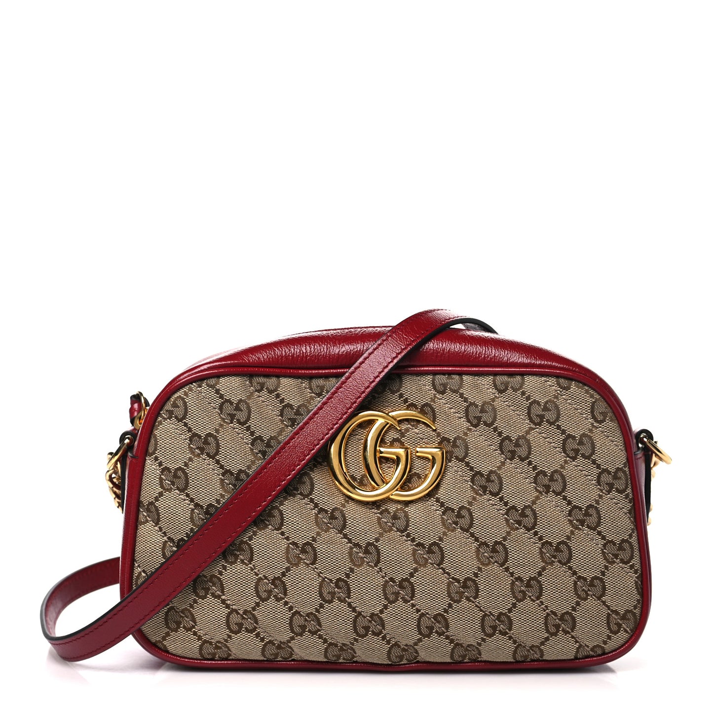 Monogram Azalea Calfskin Matelasse Diagonal Small GG Marmont Chain Shoulder Bag Beige Ebony New Cherry Red
