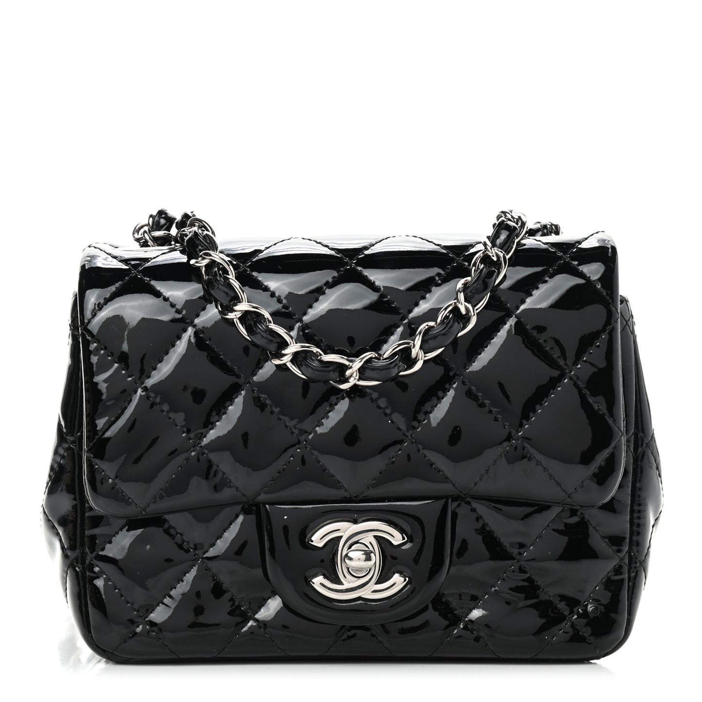 Patent Calfskin Quilted Mini Square Flap Black