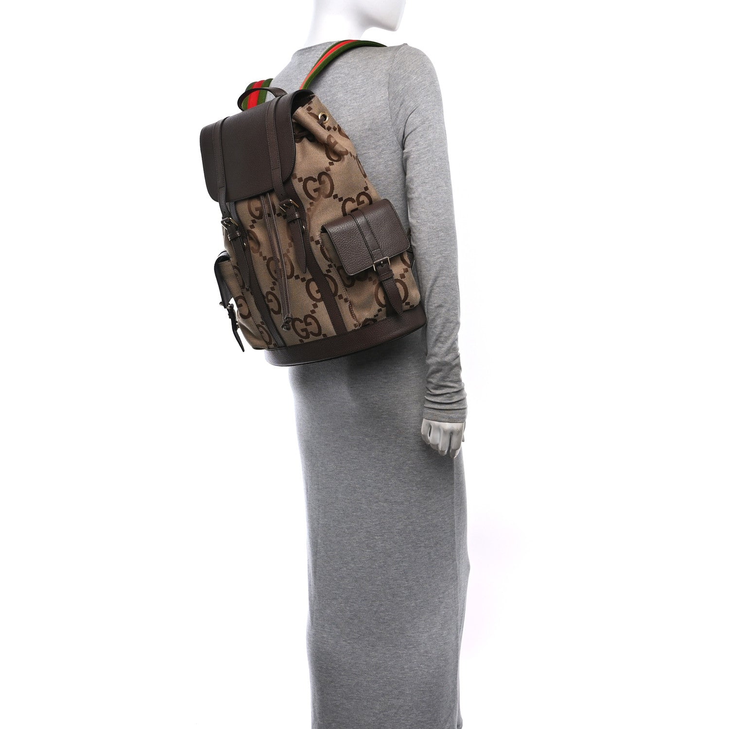 Gucci Monogram Jumbo GG Textured Dollar Calfskin Web Double Buckle Backpack Camel Ebony New Acero 2 of 10