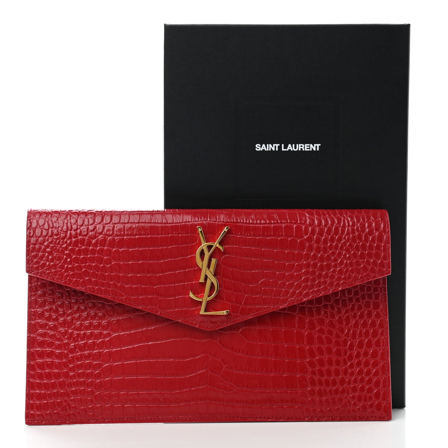 Calfskin Crocodile Embossed Uptown Monogram Clutch Rouge Eros