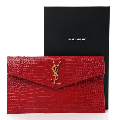 Saint Laurent Calfskin Crocodile Embossed Uptown Monogram Clutch Rouge Eros 7 of 7