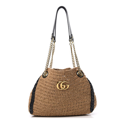 Gucci Raffia Effect Medium GG Marmont Shoulder Tote Bag Natural Black 1 of 11