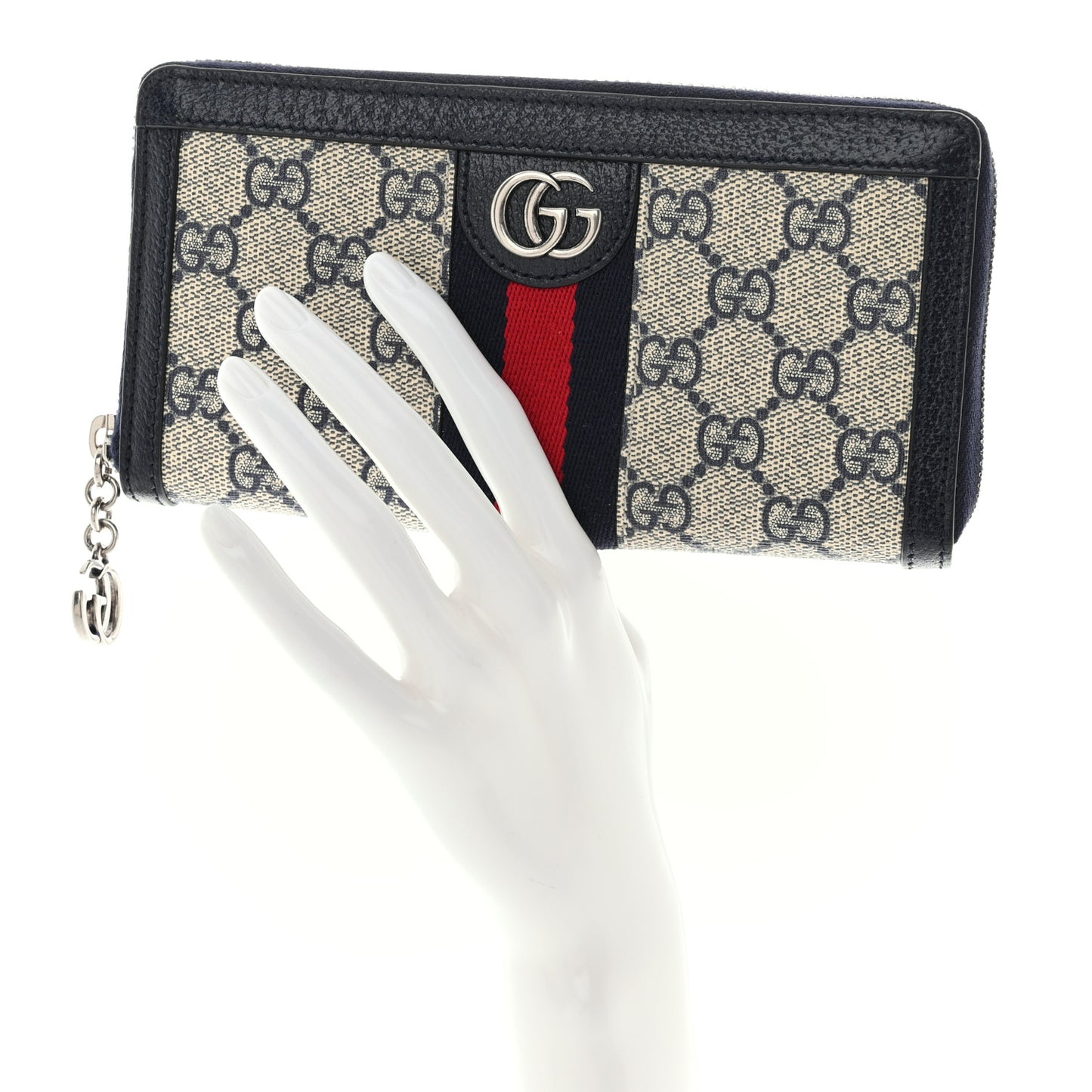 GG Supreme Monogram Textured Dollar Calfskin Web Ophidia Zip Around Wallet Beige Blue