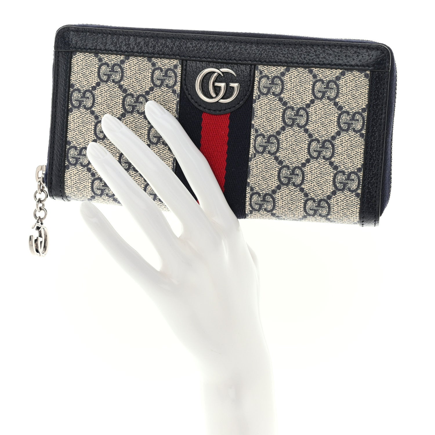 Gucci GG Supreme Monogram Textured Dollar Calfskin Web Ophidia Zip Around Wallet Beige Blue 3 of 18