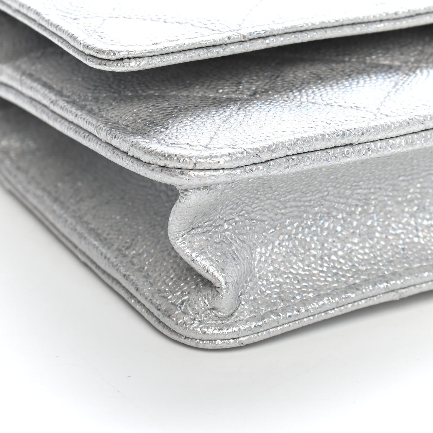 Glittered Metallic Caviar Quilted Wallet On Chain WOC Silver