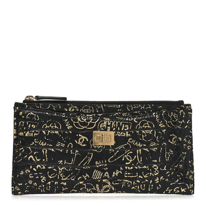 Chanel Calfskin Crocodile Embossed Graffiti 2.55 Cocodile Reissue Zip Pouch Black Gold 1 of 7