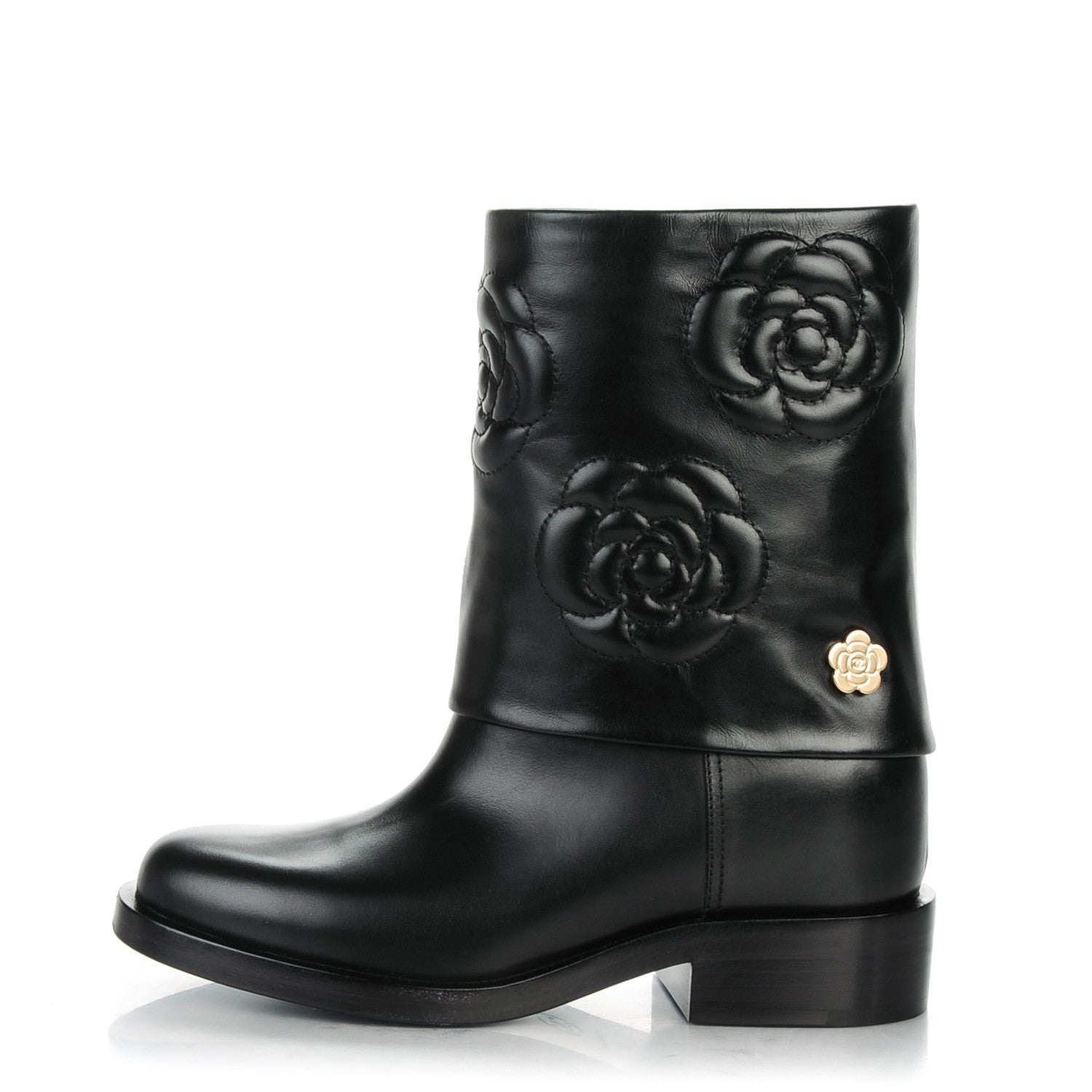 Chanel Calfskin Camellia Short Boots 36 Black 1 of 9
