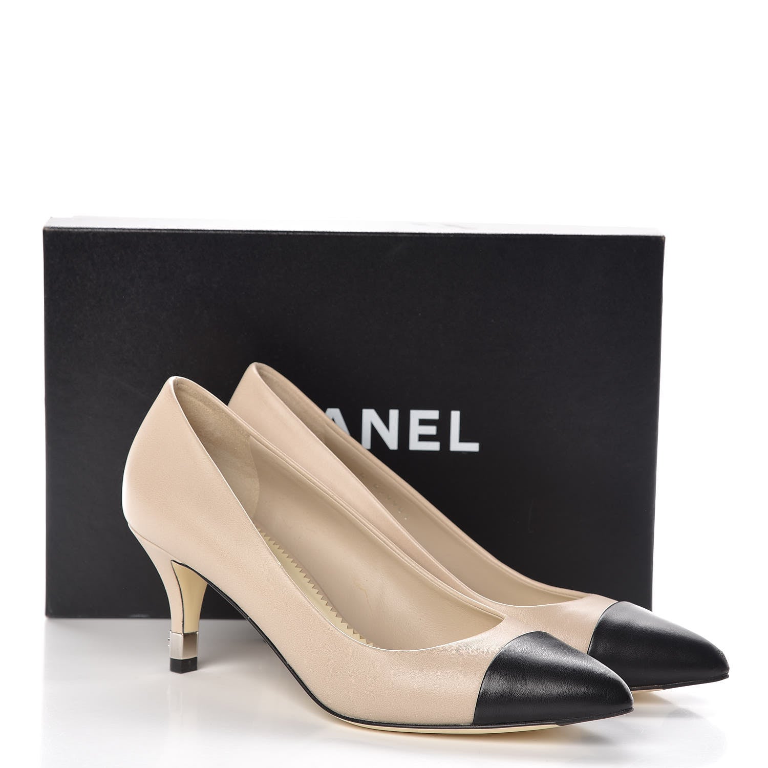Chanel Lambskin Cap Toe CC Pumps 37.5 Beige Black 9 of 9