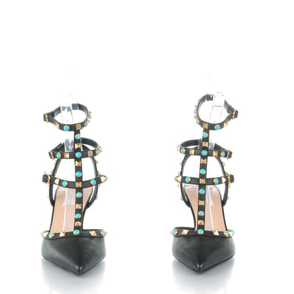 Valentino Garavani Pebbled Calfskin Turquoise Rockstud Rolling Ankle Strap 65mm Pumps 40 Black 2 of 7