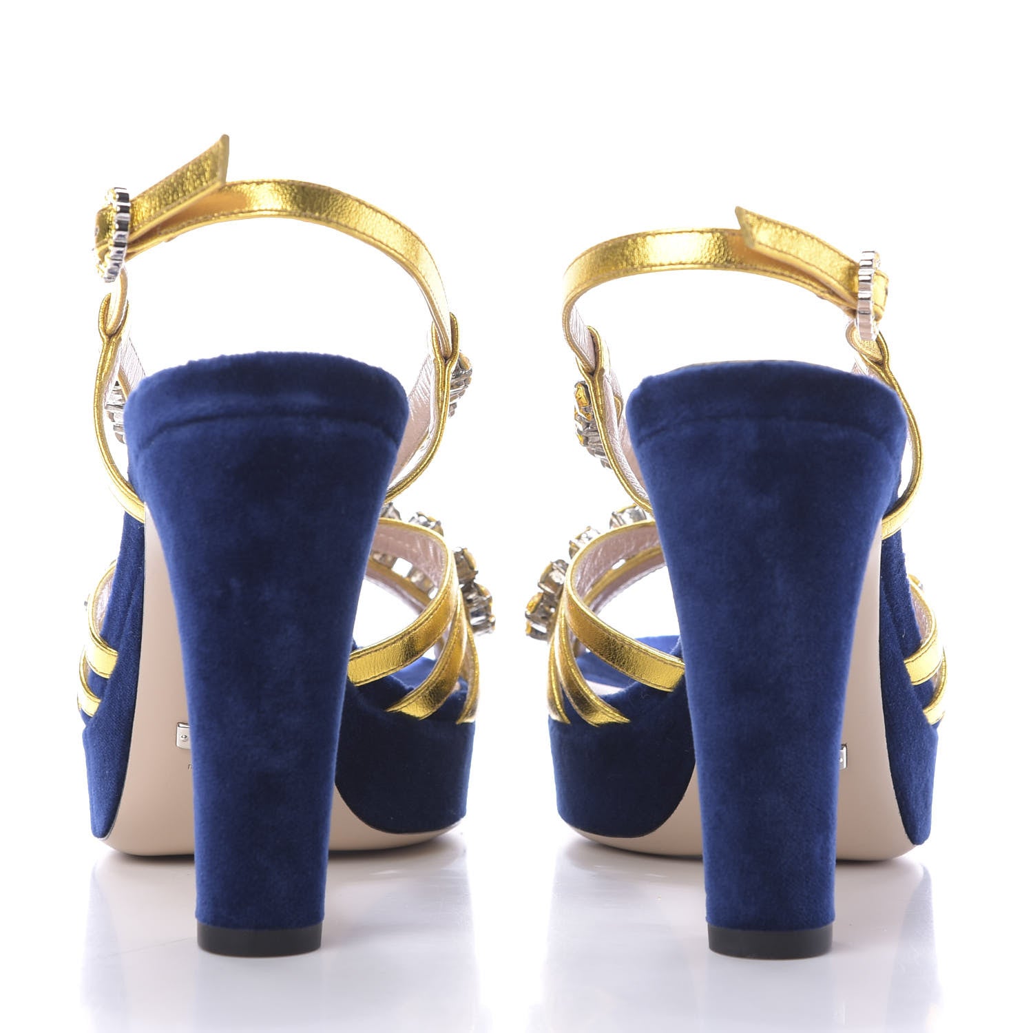Gucci Velvet Nappa Crystal Zephyra Slingback Platform High Heel Sandals 35.5 Blue Gold 5 of 10