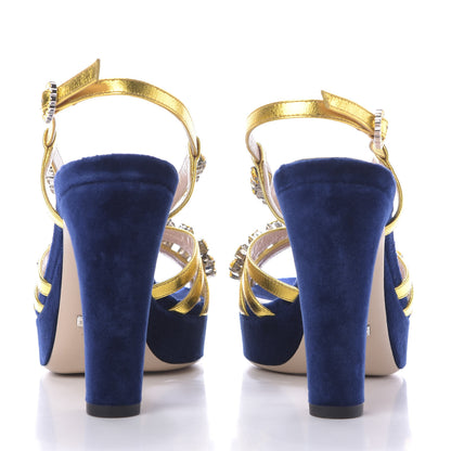 Gucci Velvet Nappa Crystal Zephyra Slingback Platform High Heel Sandals 35.5 Blue Gold 5 of 10