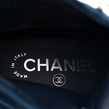 Chanel Velvet Patent Cap Toe CC Lace Up Combat Boots 37 Blue Black 7 of 10