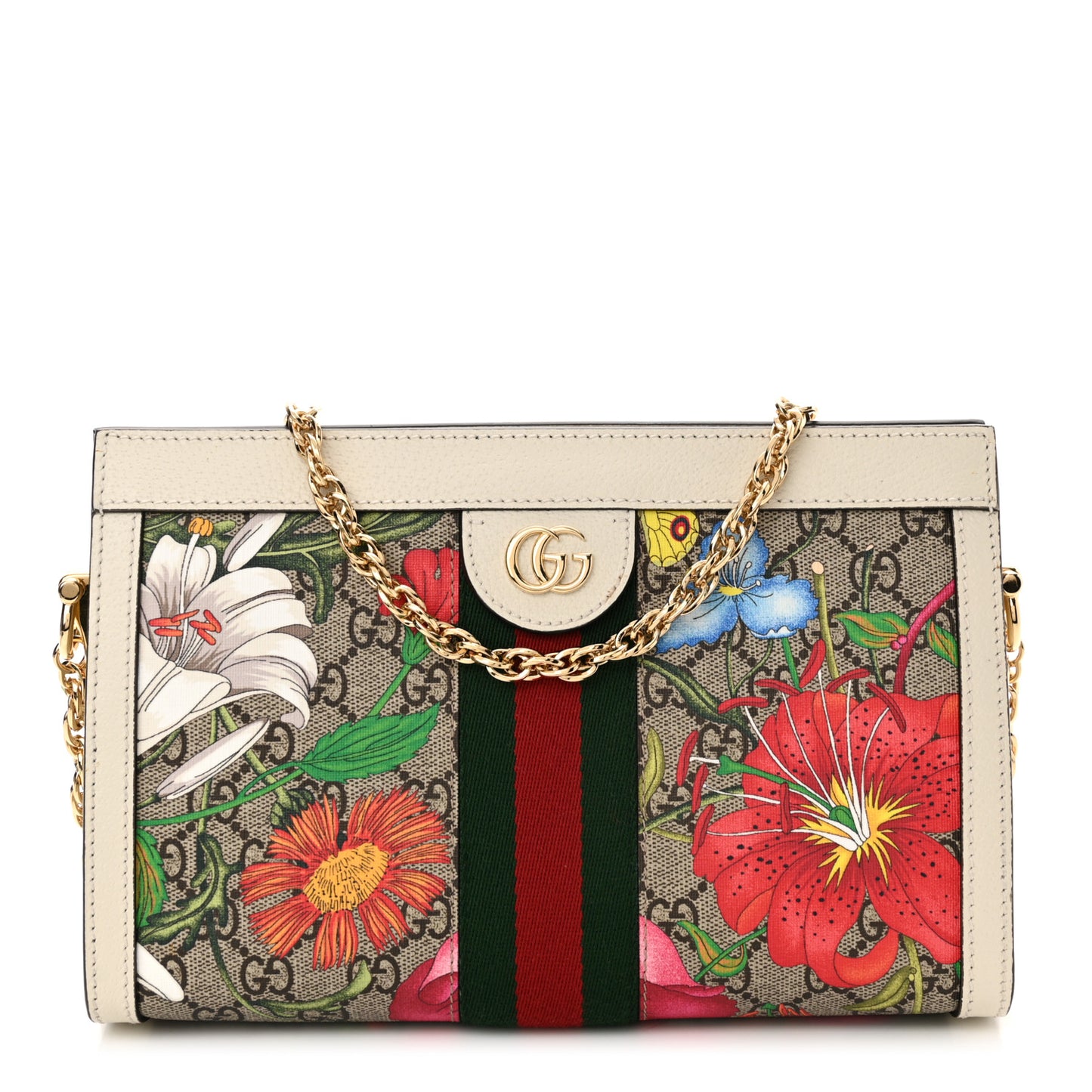 GG Supreme Monogram Flora Web Small Ophidia Chain Shoulder Bag White