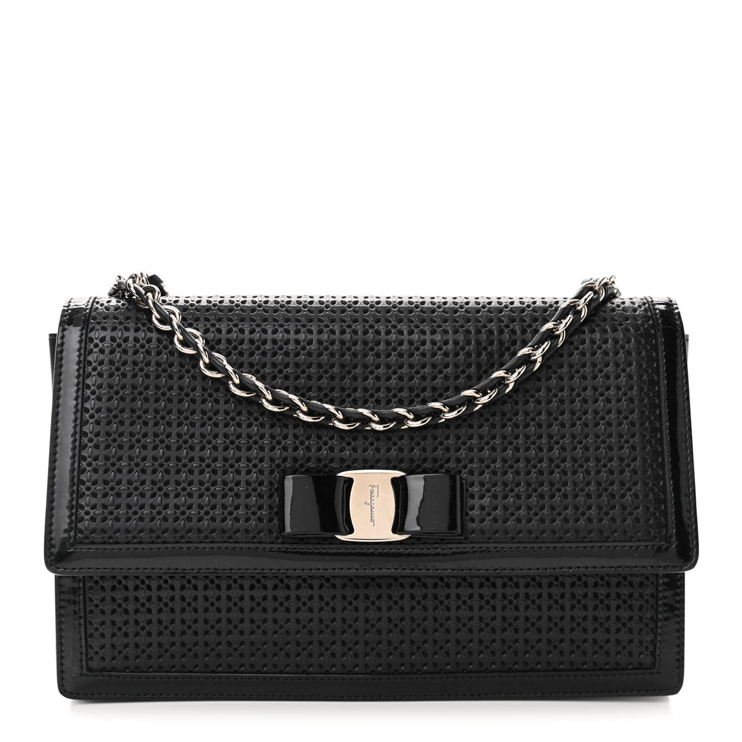 Perforated Calfskin Patent Ginny Bow Crossbody Bag Black