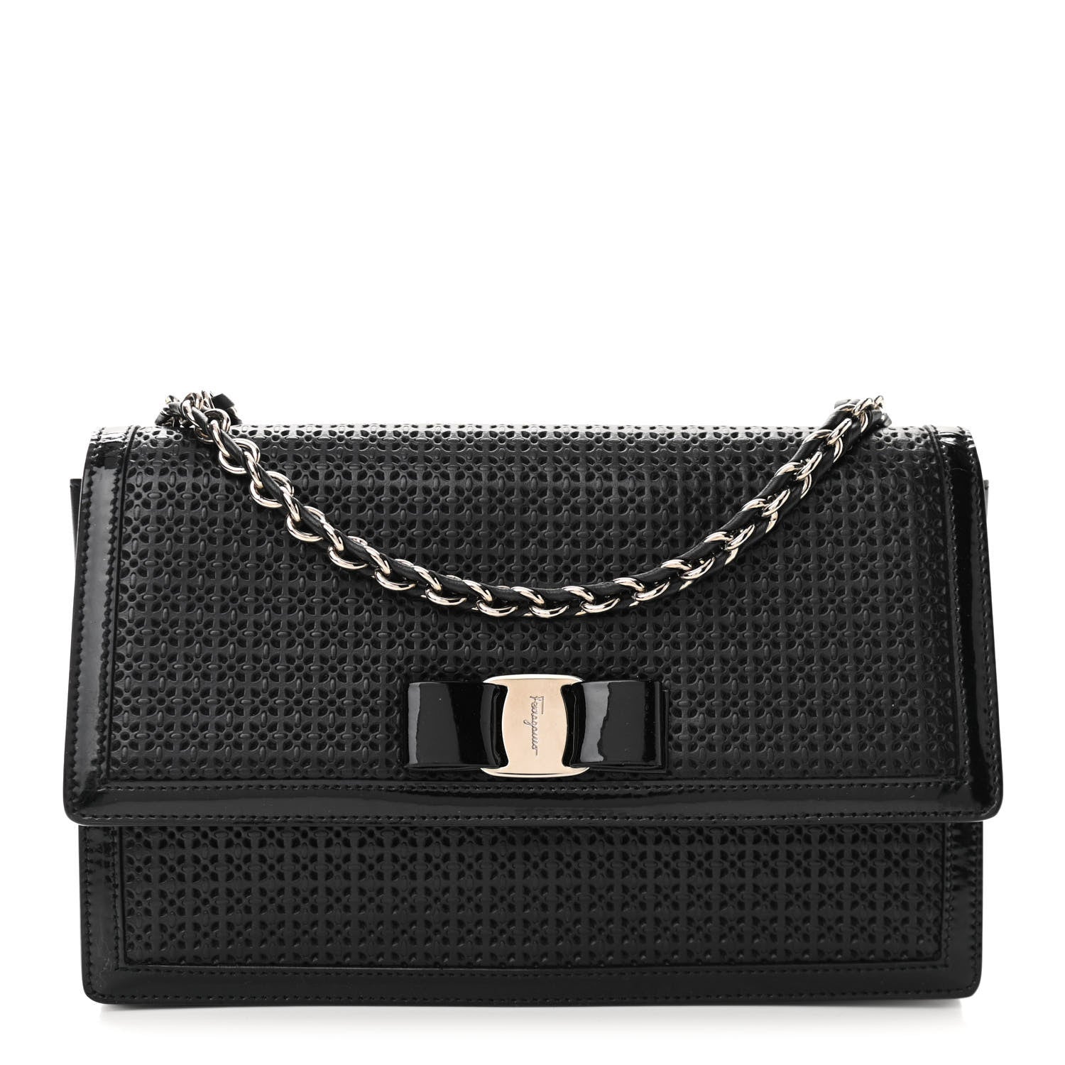 Salvatore Ferragamo Perforated Calfskin Patent Ginny Bow Crossbody Bag Black 1 of 15