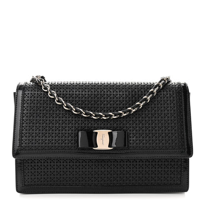Salvatore Ferragamo Perforated Calfskin Patent Ginny Bow Crossbody Bag Black 1 of 15