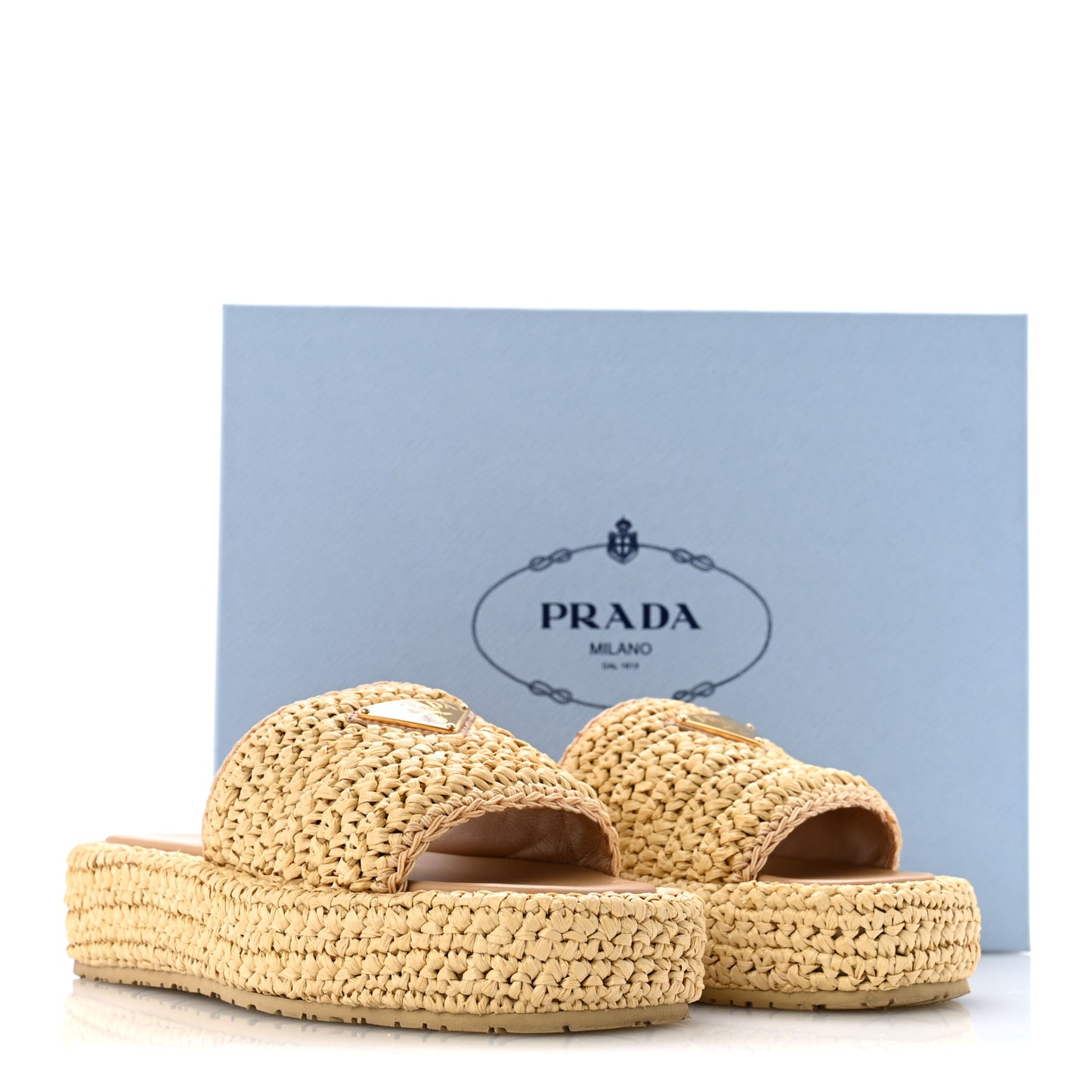 Raffia Metal Triangle Logo Woven Flatform 35mm Slide Sandals 36 Naturale