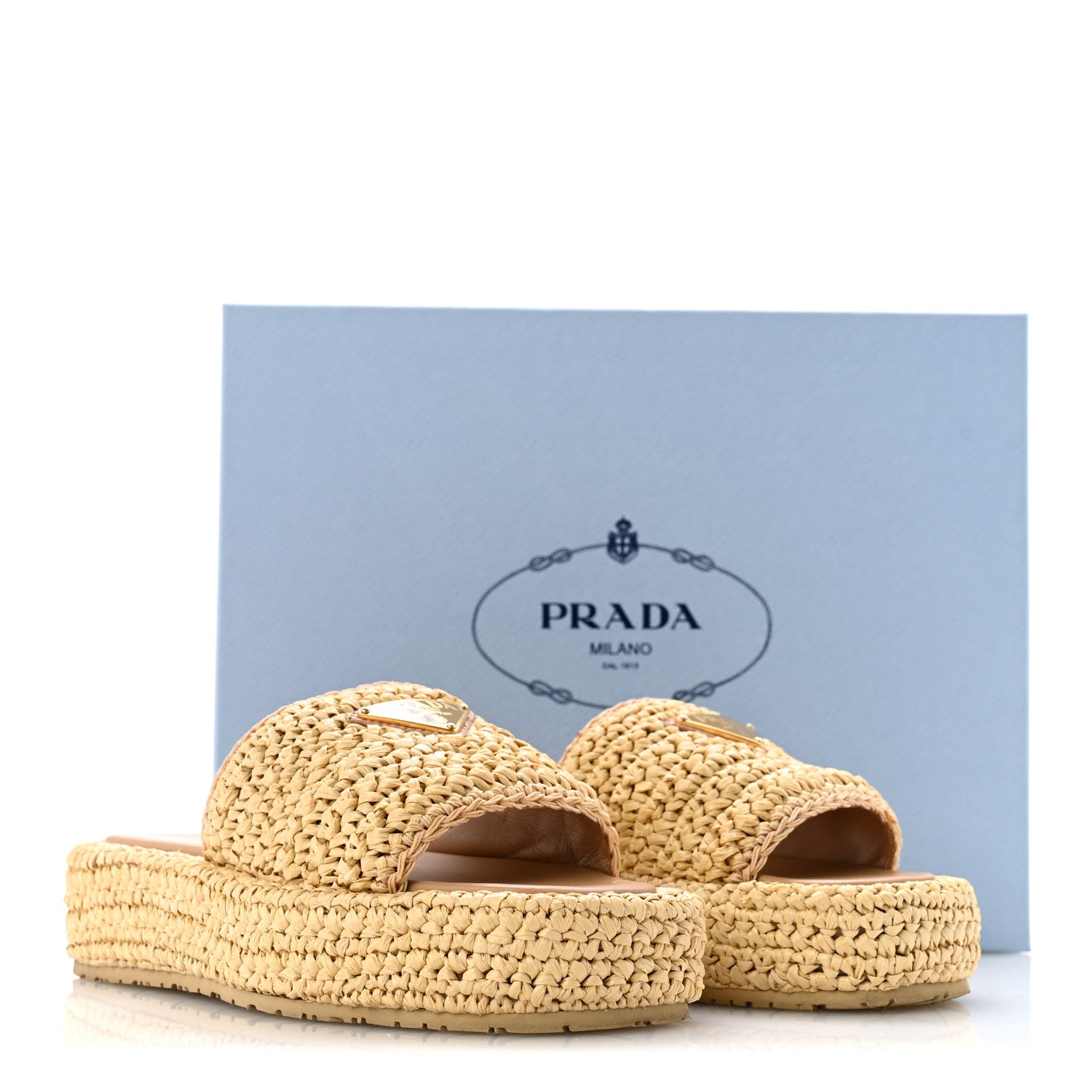 Prada Raffia Metal Triangle Logo Woven Flatform 35mm Slide Sandals 36 Naturale 10 of 10