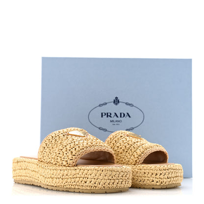 Prada Raffia Metal Triangle Logo Woven Flatform 35mm Slide Sandals 36 Naturale 10 of 10