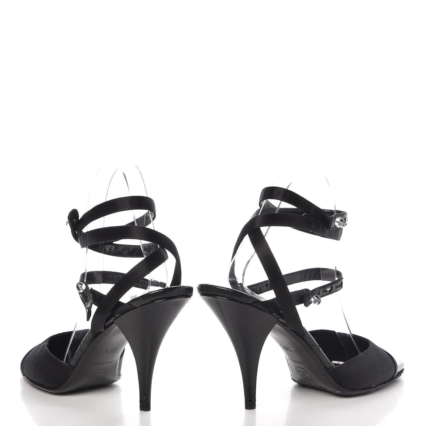Satin Patent Cap Toe Ankle Wrap Pumps 38.5 Black