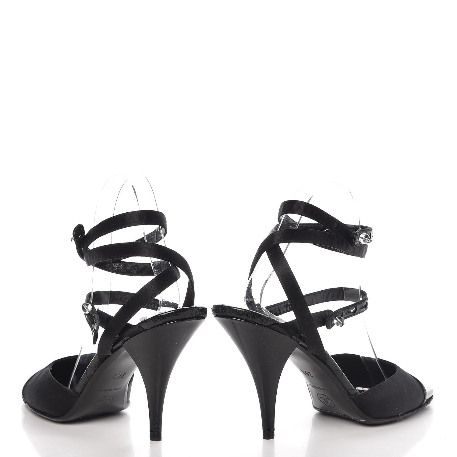 Chanel Satin Patent Cap Toe Ankle Wrap Pumps 38.5 Black 6 of 10