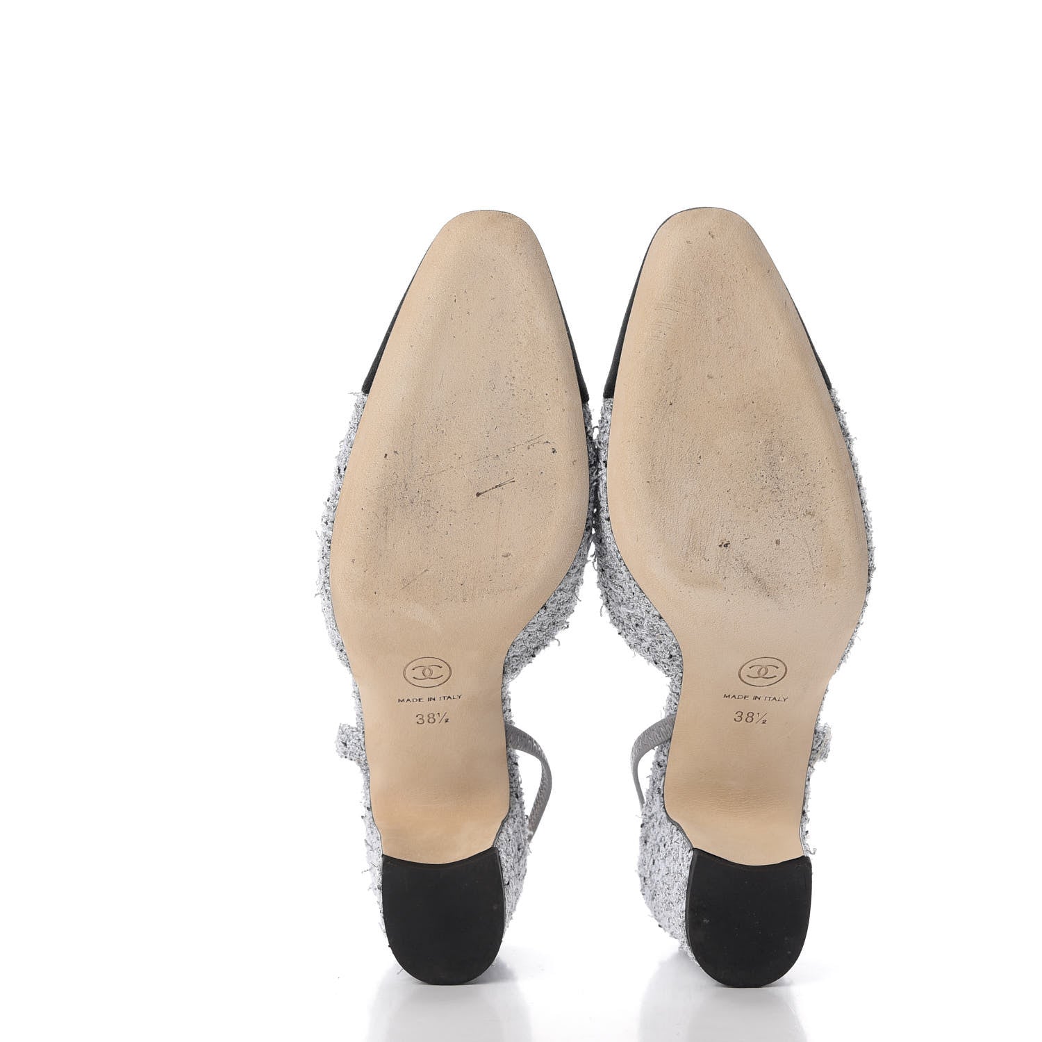 Chanel Tweed Grosgrain Cap Toe CC Slingback Pumps 38.5 Grey Silver Black 6 of 15