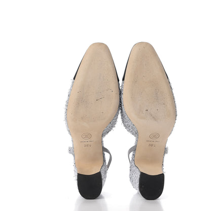 Chanel Tweed Grosgrain Cap Toe CC Slingback Pumps 38.5 Grey Silver Black 6 of 15