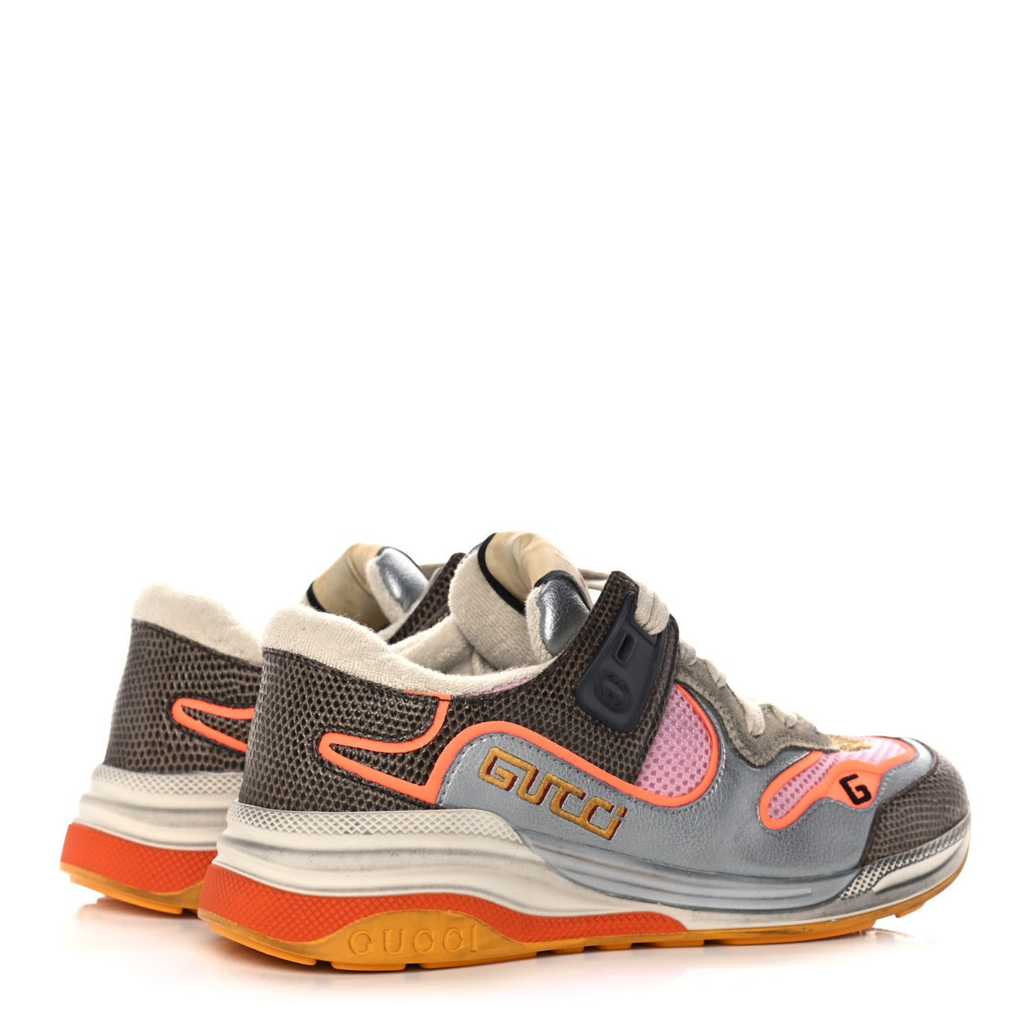 Calfskin Suede Mesh Lizard Embossed Womens Ultrapace Sneakers 36 Silver Anthracite Neon Orange