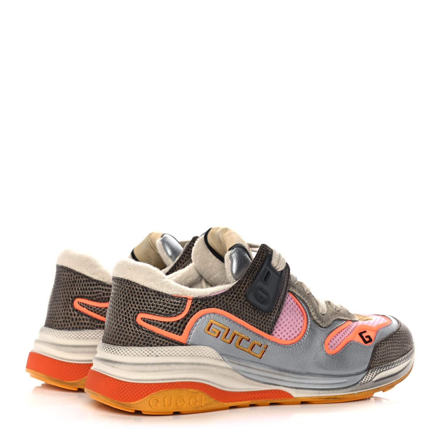 Gucci Calfskin Suede Mesh Lizard Embossed Womens Ultrapace Sneakers 36 Silver Anthracite Neon Orange 4 of 9