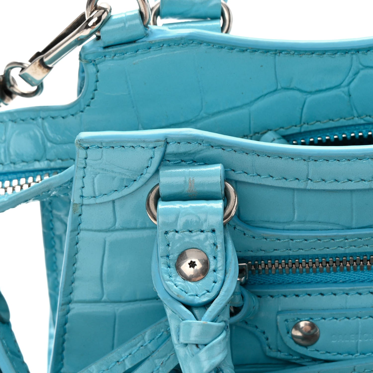 Balenciaga Calfskin Crocodile Embossed Neo Classic Silver Hardware Nano City Crossbody Azur 13 of 15