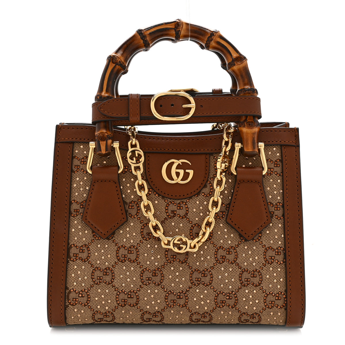 New Canvas Charisma Calfskin Crystal GG Monogram Mini Diana Tote Bag Camel Ebony