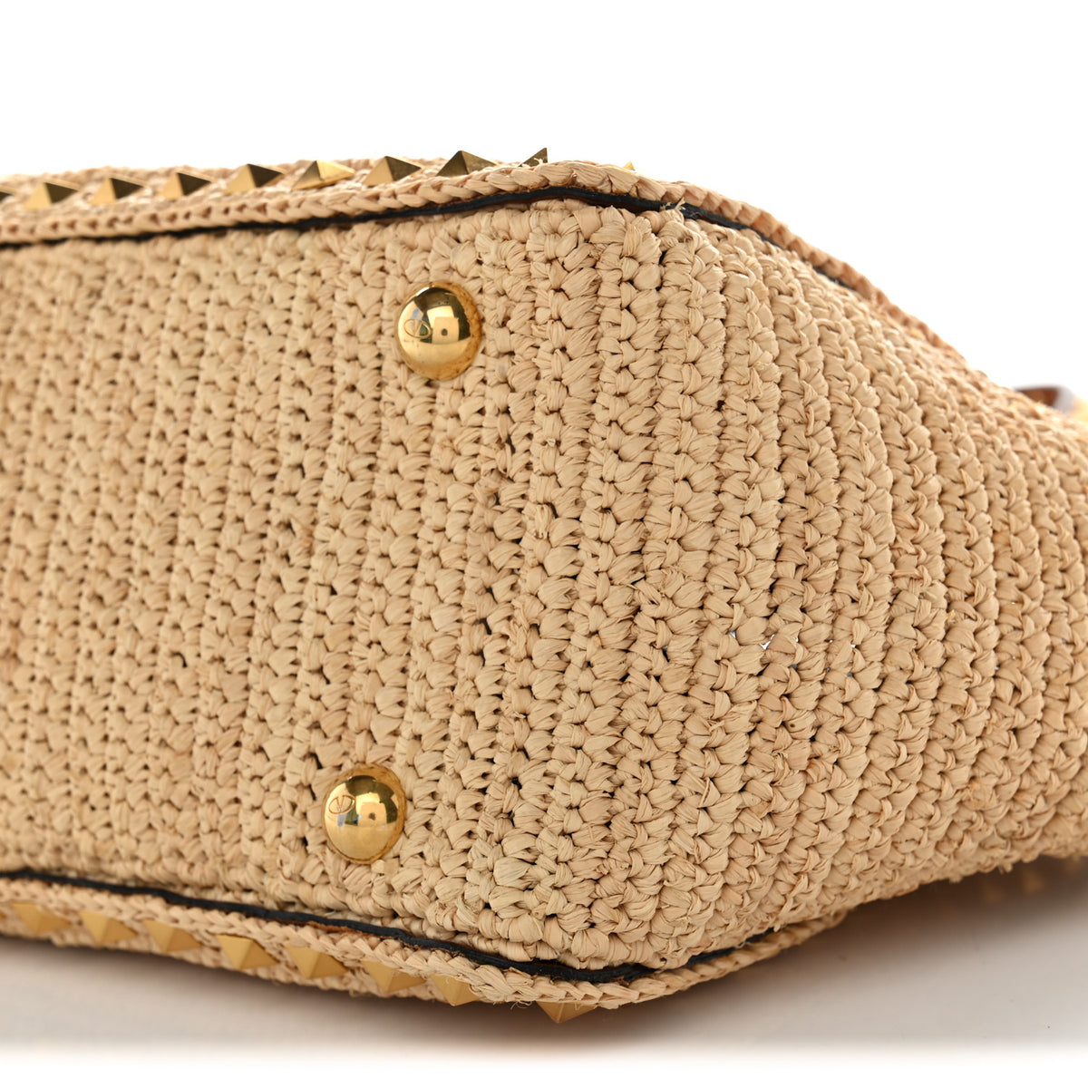 Raffia Calfskin Small Rockstud Tote Naturale Saddle Brown