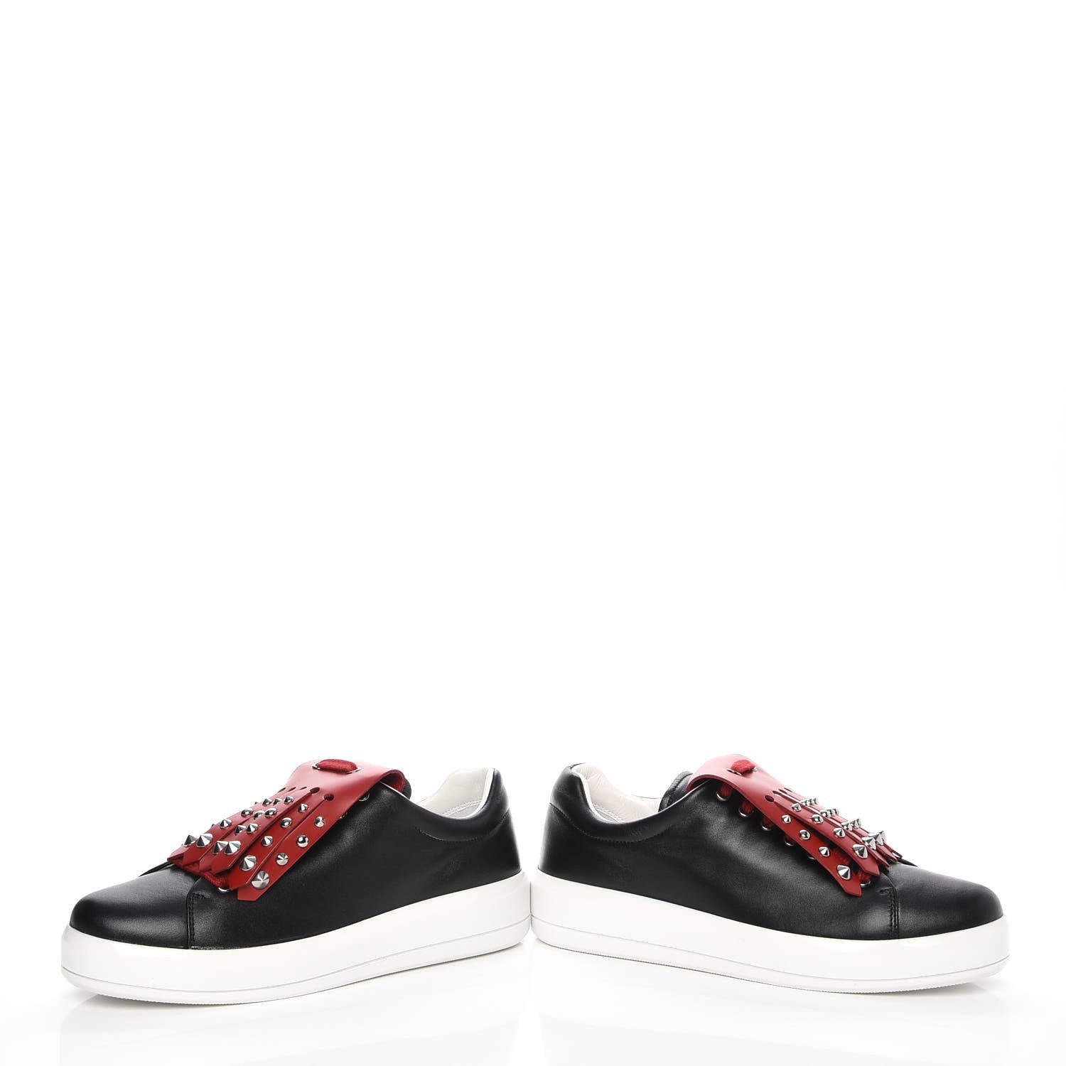 Prada Vitello Soft Studded Fringe Sneakers 37.5 Black Rosso 6 of 14