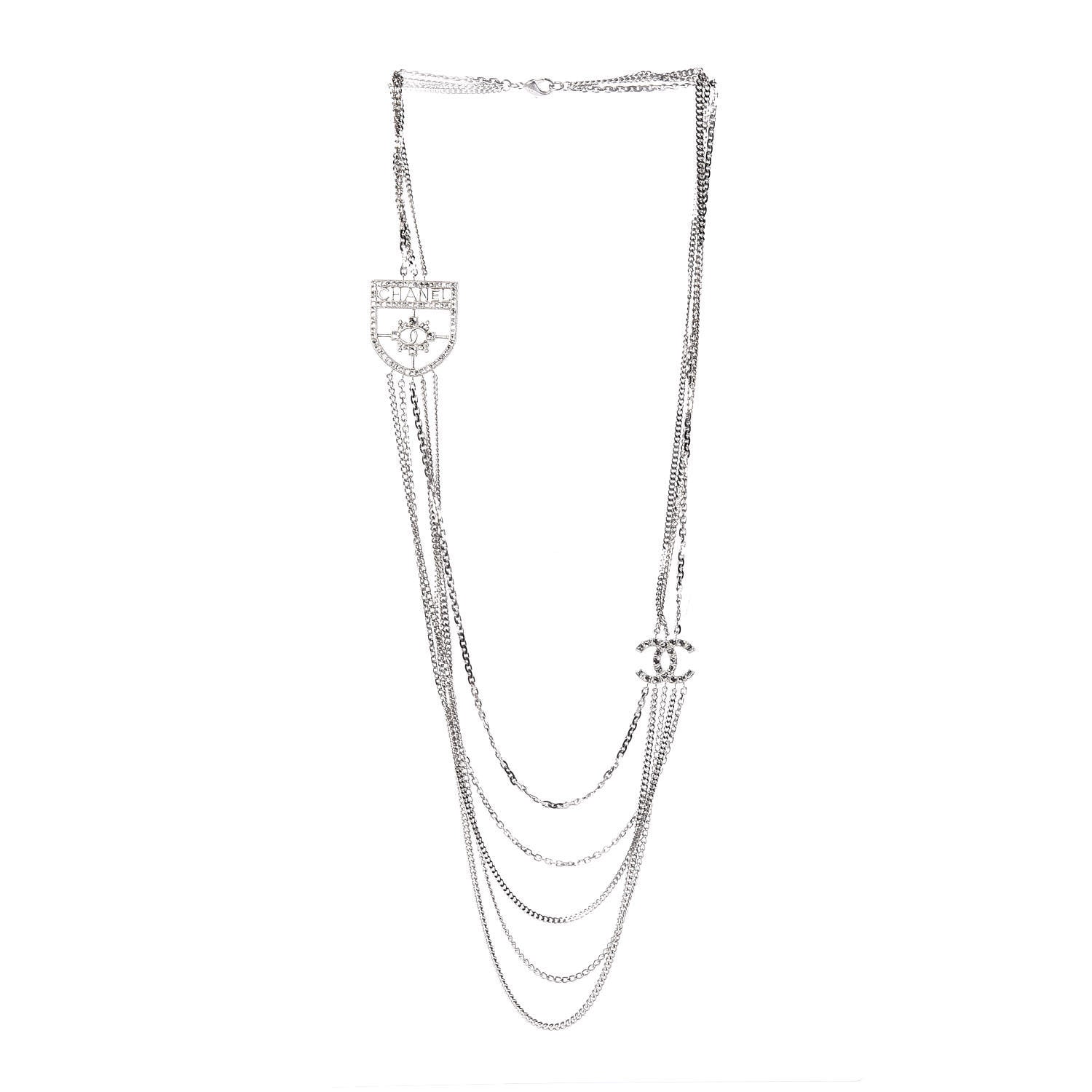 Chanel Baguette Crystal CC Shield Multi Strand Long Chain Necklace Silver 3 of 7