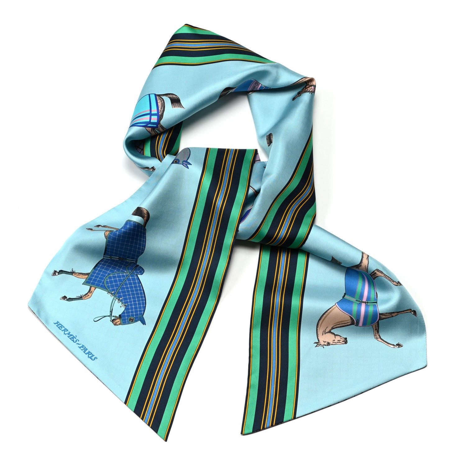 Hermes Silk Couvertures et Tenues de Jour a Carreaux Maxi Twilly Cut Bleu Glacier Parme Vert 1 of 4