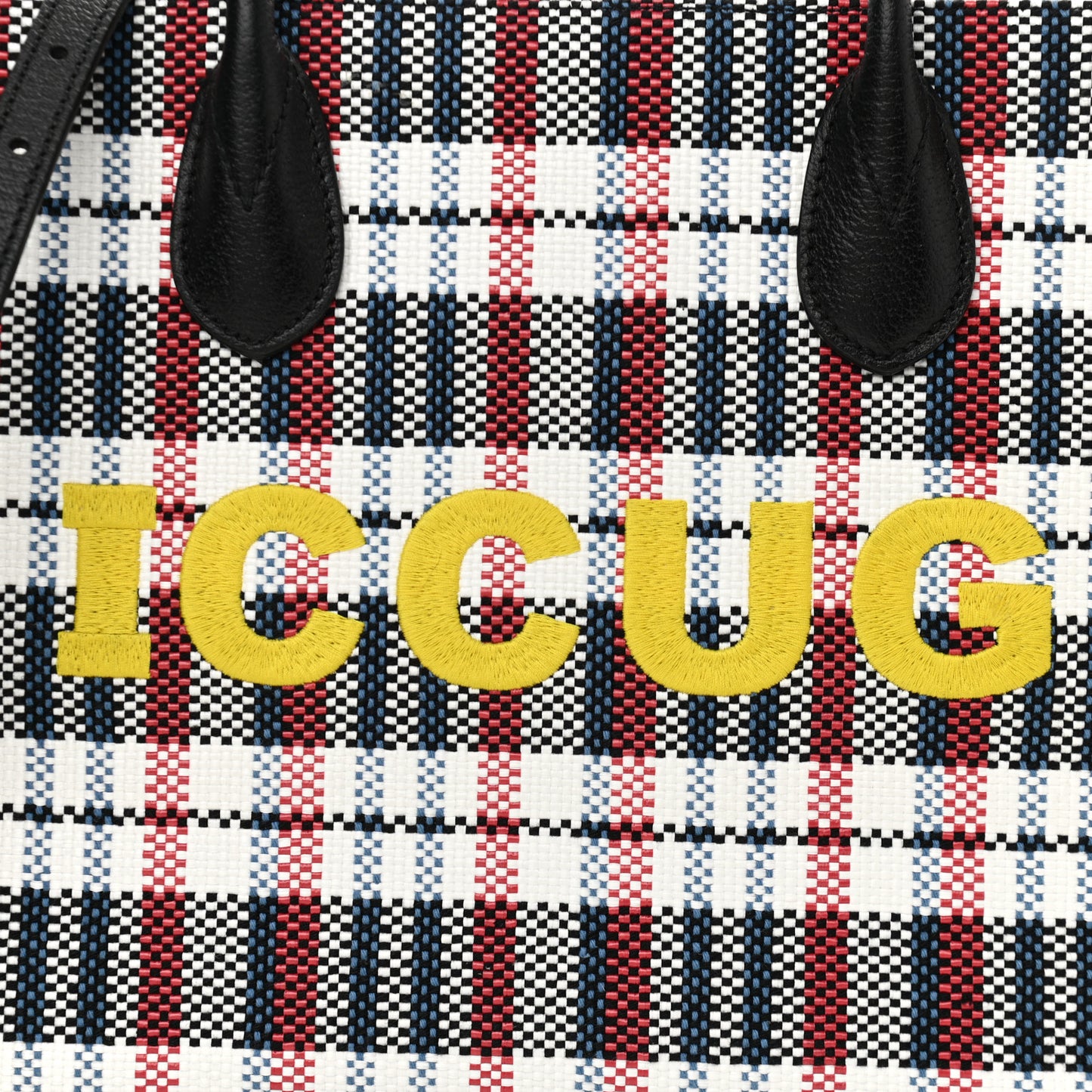 Canvas Plaid ICCUG Embroidered Small Tote Bag Black White Red Blue Smile Yellow