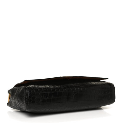 Saint Laurent Calfskin Crocodile Embossed Suede Medium Reversible Monogram Kate Satchel Military Taupe 6 of 16