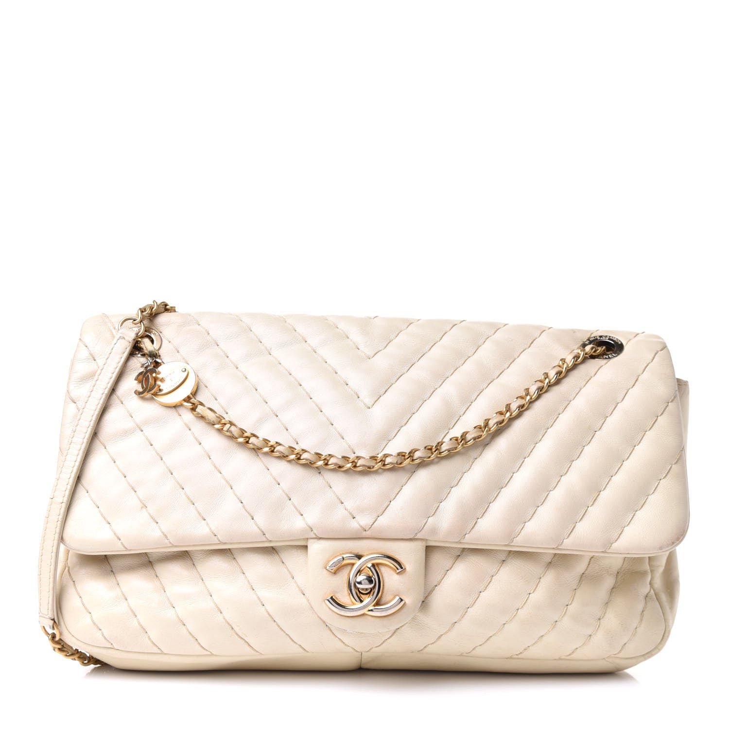 Chanel Calfskin Surpique Chevron Large Flap Beige 1 of 22