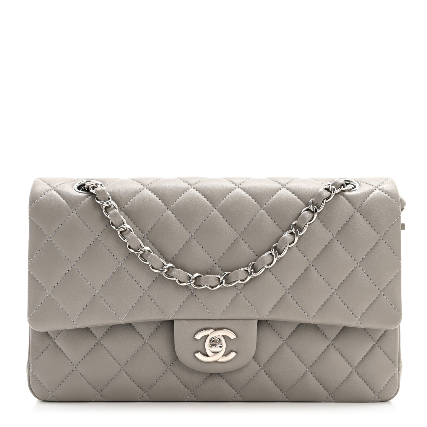 Lambskin Quilted Medium Double Flap Grey