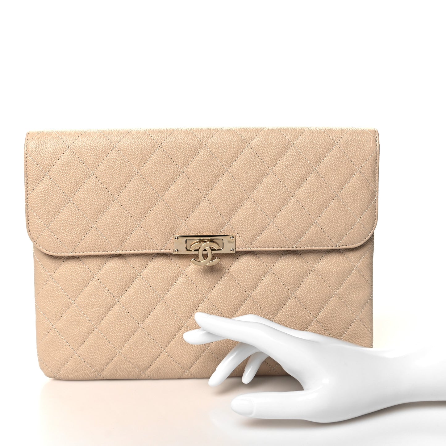 Caviar Quilted Medium Golden Class Pouch Beige