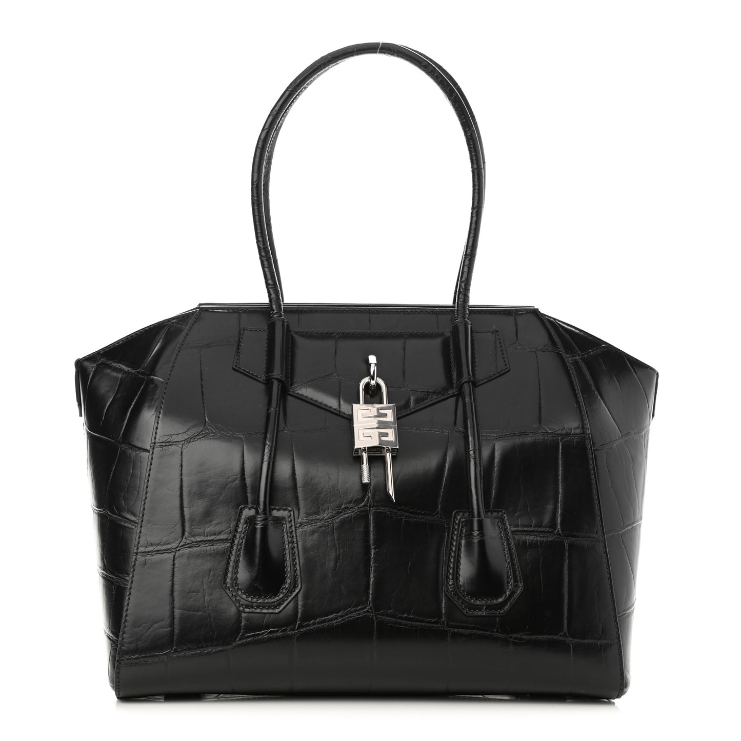 Calfskin Crocodile Embossed Medium Lock Antigona Black