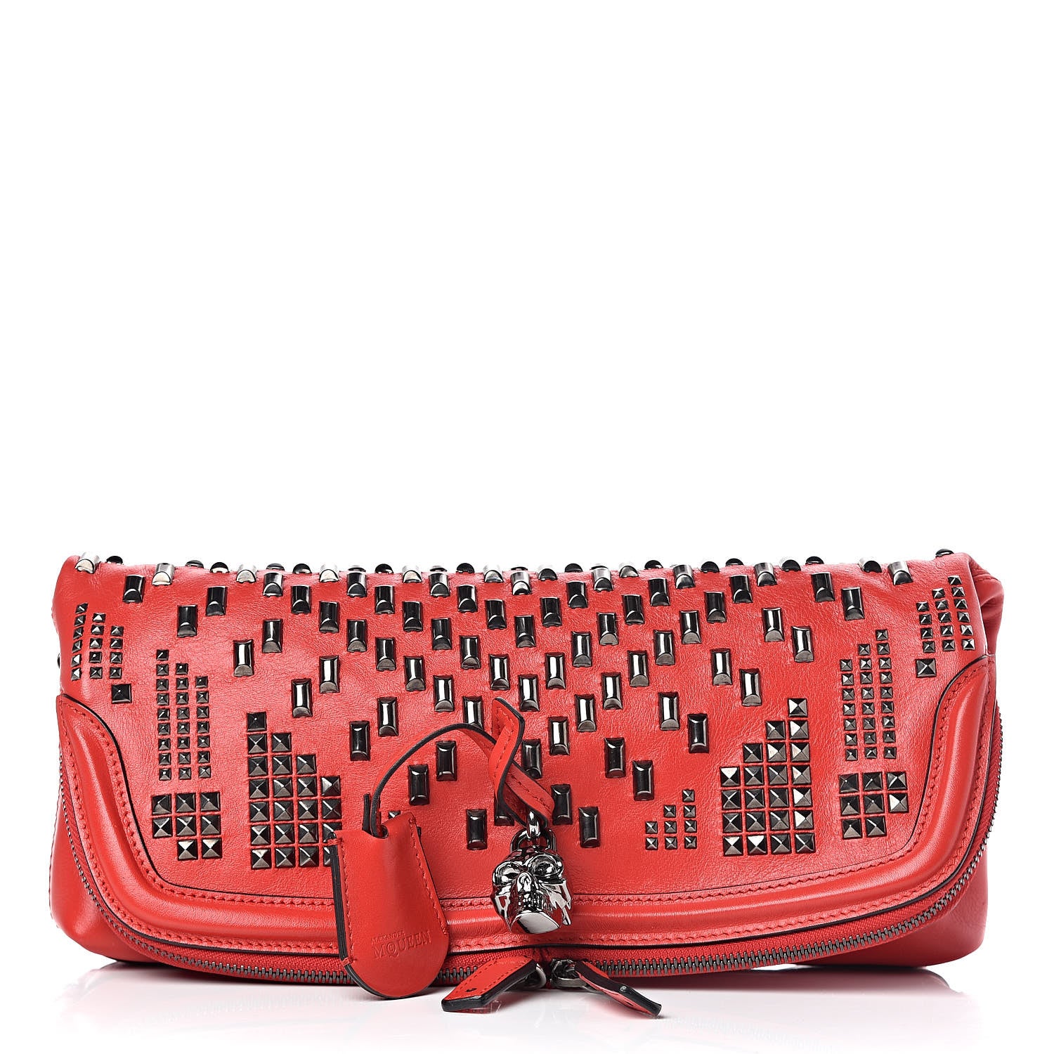 Alexander McQueen Calfskin Studded Padlock Skull Fold Over Clutch Red 1 of 10