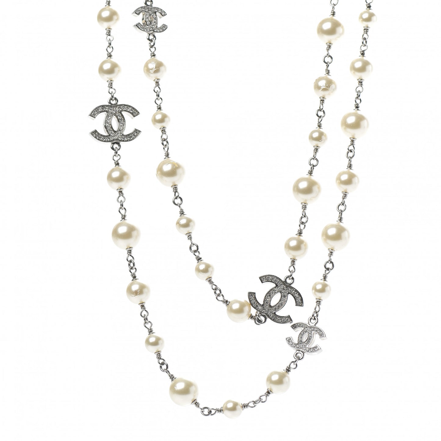 Crystal Pearl CC Long Necklace Silver