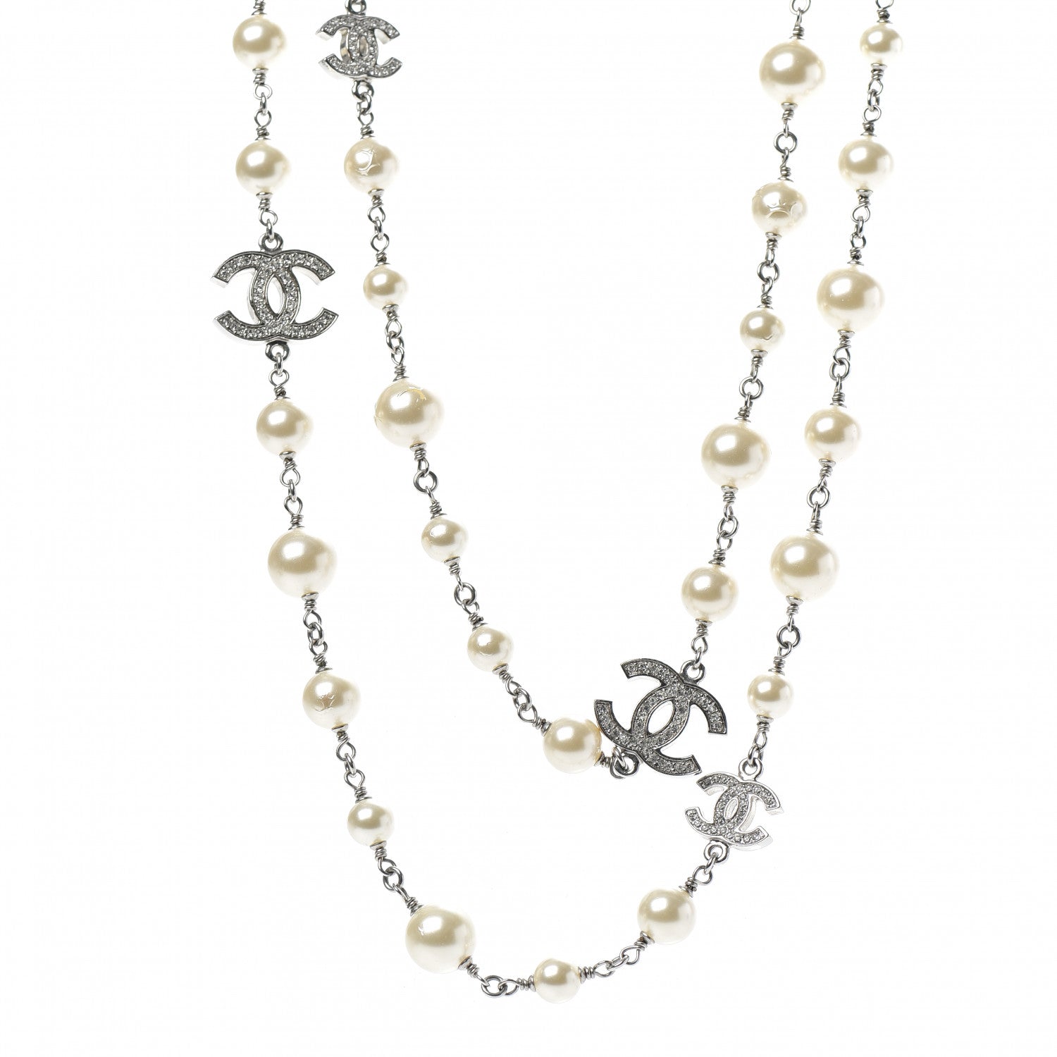 Chanel Crystal Pearl CC Long Necklace Silver 1 of 6