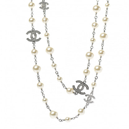 Chanel Crystal Pearl CC Long Necklace Silver 1 of 6