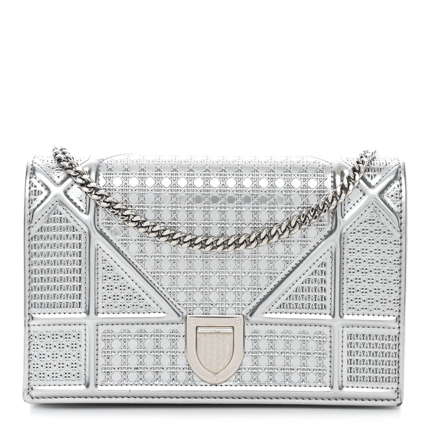 Metallic Patent Micro-Cannage Diorama Wallet on Chain Pouch Silver